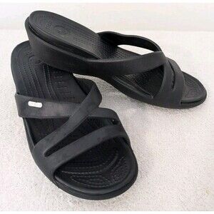 Crocs Rhonda Sandal Slide Wedge Women Sz 11 Black Rubber Cushioned Comfort